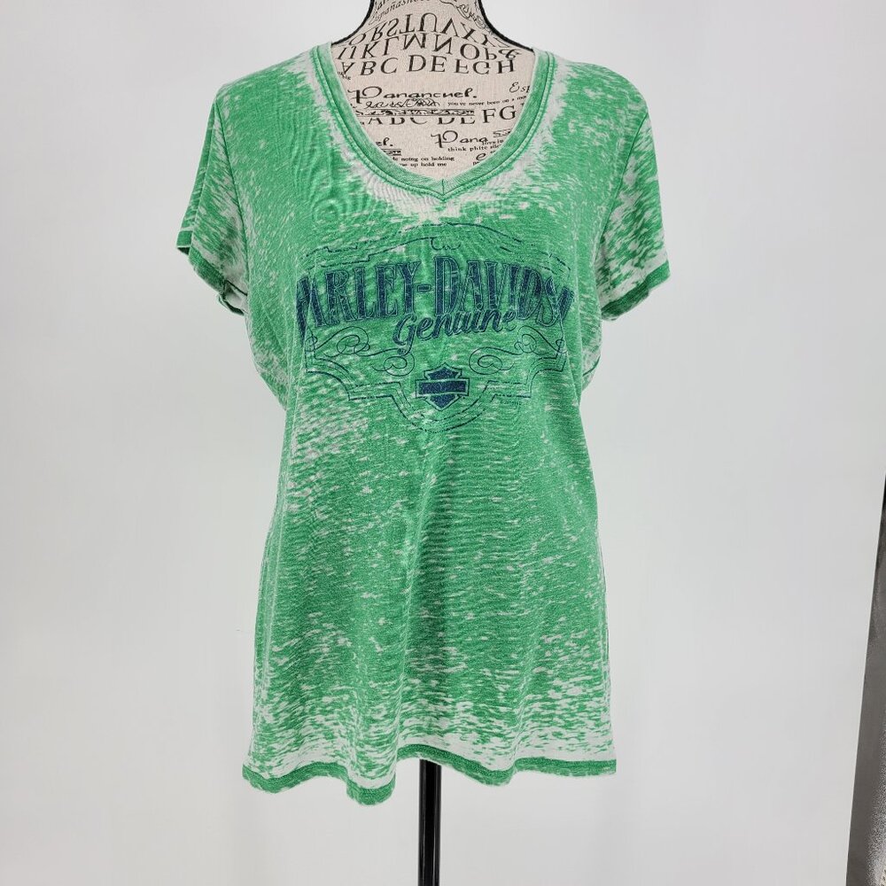 Harley-Davidson Women’s Green Burnout V-Neck Graphic Tee Size L Relaxed T-Shirt